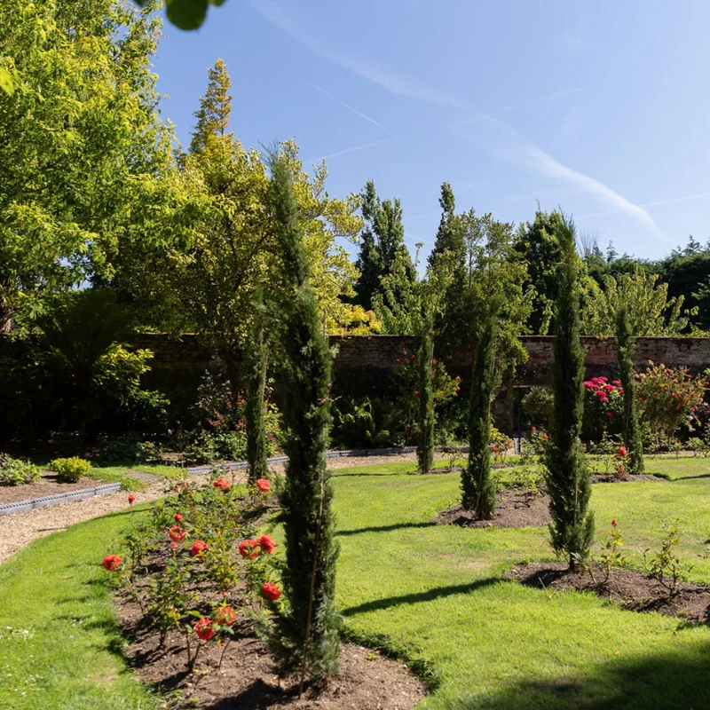 Tranquil memorial garden with landscaped grounds, trees and seasonal flowers in Guernsey.