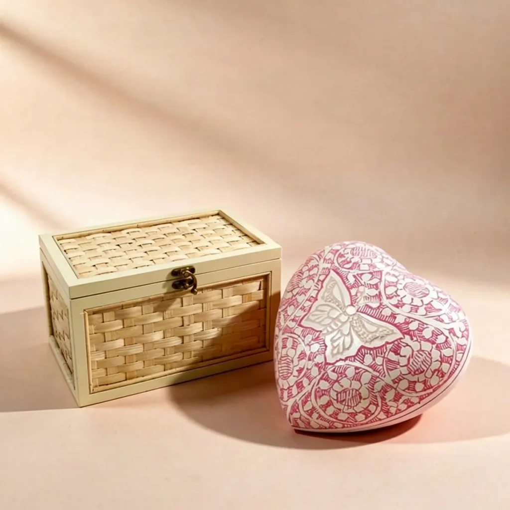 Heart-shaped memorial keepsake box next to a woven memory box for preserving cherished memories.