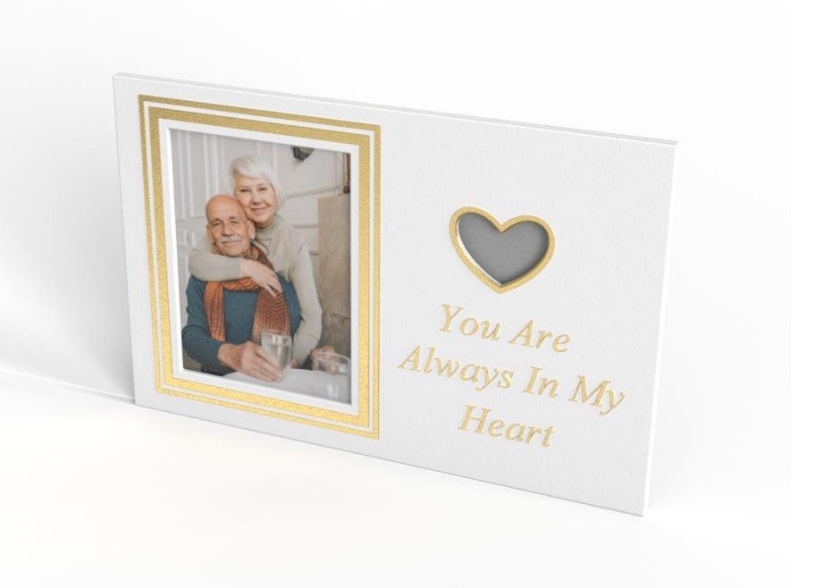 White memorial photo frame featuring a photograph and the message “You Are Always In My Heart”.