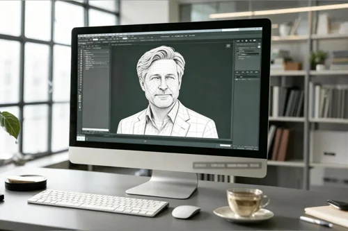 Digital memorial portrait being created on a computer screen in a modern design studio.