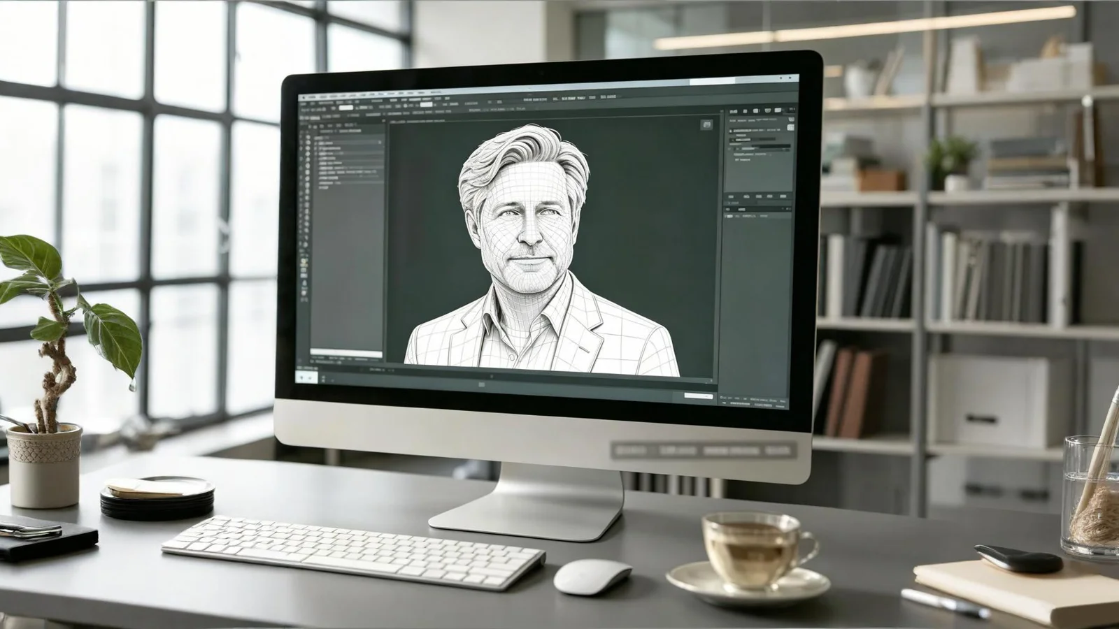 Digital memorial portrait being created on a computer screen in a modern design studio.